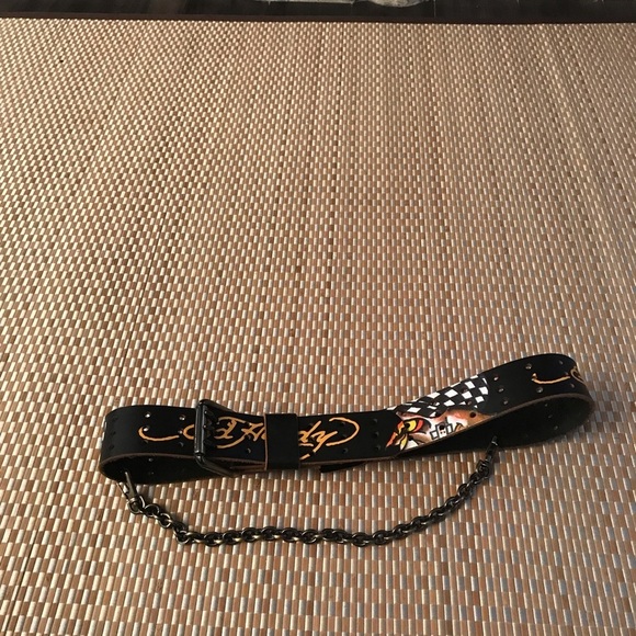 Vintage Ed Hardy Y2K Black Leather Tiger Chain Belt XS/SEd Hardy - Picture 3 of 8